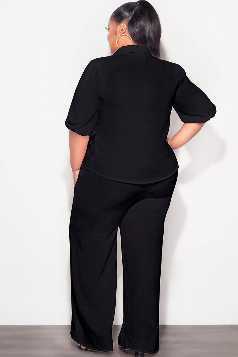 Sporty Chic Seasonless wear Final Sale Plus Size 2pc Button Up Collar Top and Pants Set in Black Linen