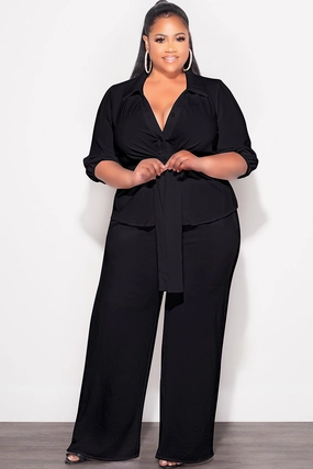 Final Sale Plus Size 2pc Button Up Collar Top and Pants Set in Black Linen Smart Design Durable Construction