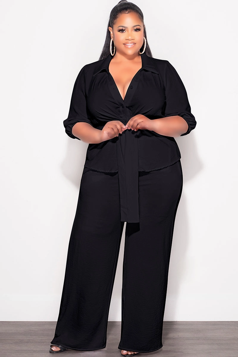 Final Sale Plus Size 2pc Button Up Collar Top and Pants Set in Black Linen Smart Design Durable Construction