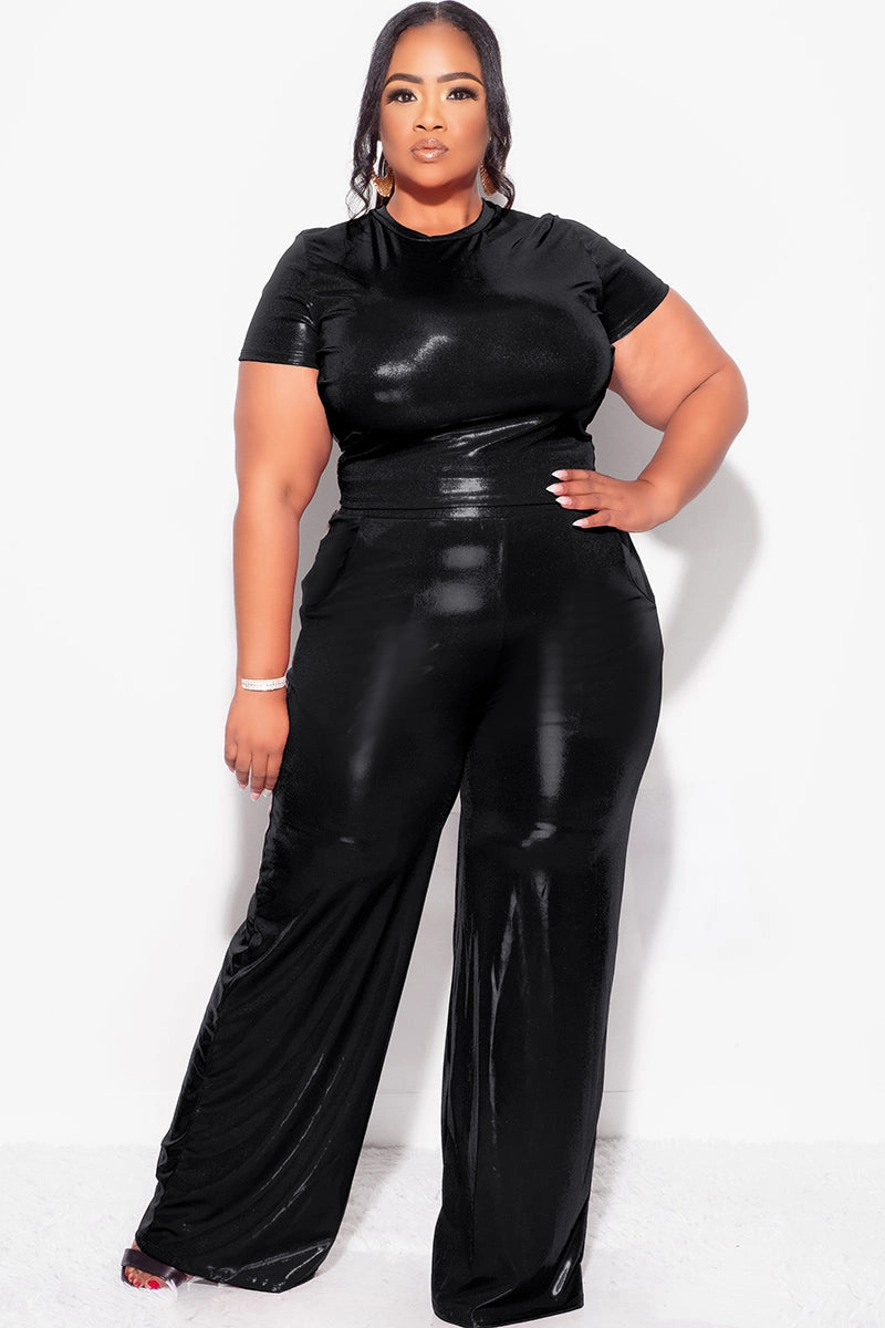 Final Sale Plus Size 2pc Crop Top & Palazzo Pant Set in Black Durable Knit Structure Chic Style Trend