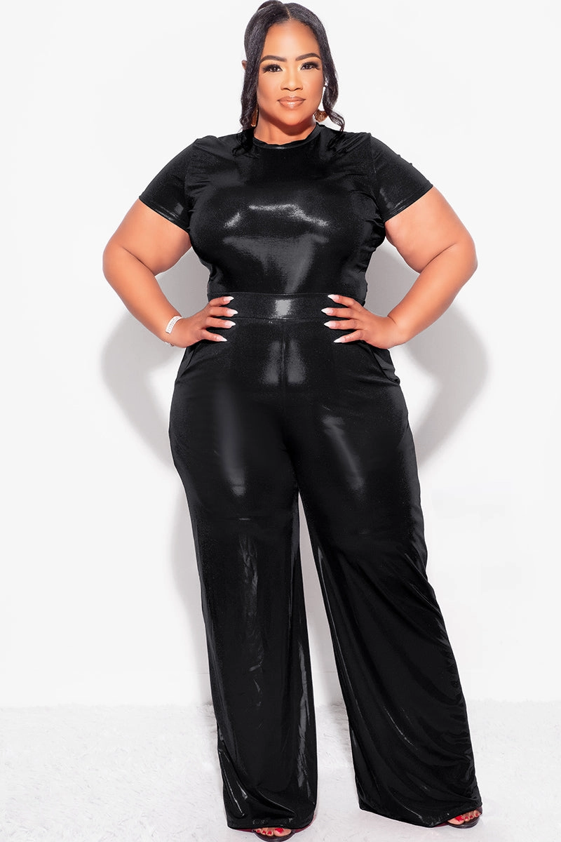 Final Sale Plus Size 2pc Crop Top & Palazzo Pant Set in Black Snag Resistant Surface