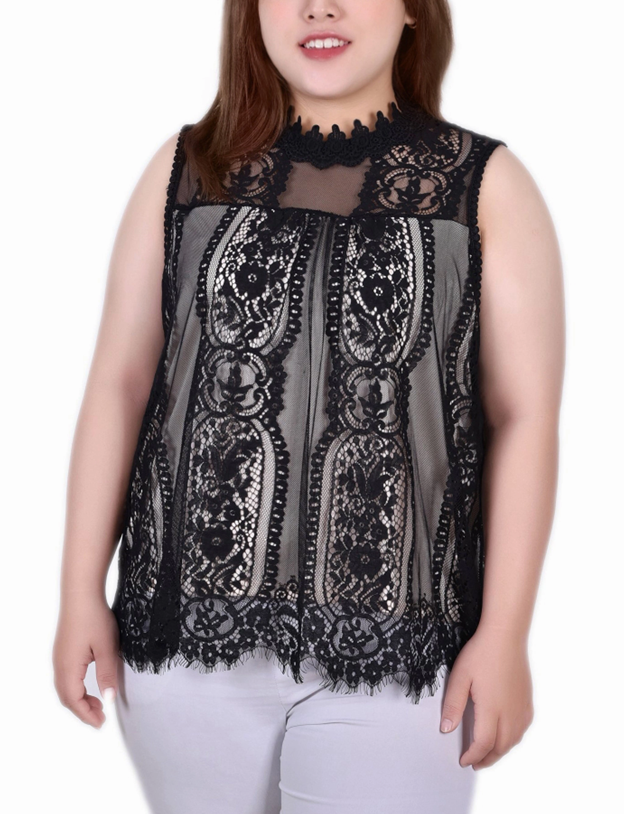 Plus Size Sleeveless Mock Neck Lace Top Relaxed Sweatshirt FourWayStretchFabric