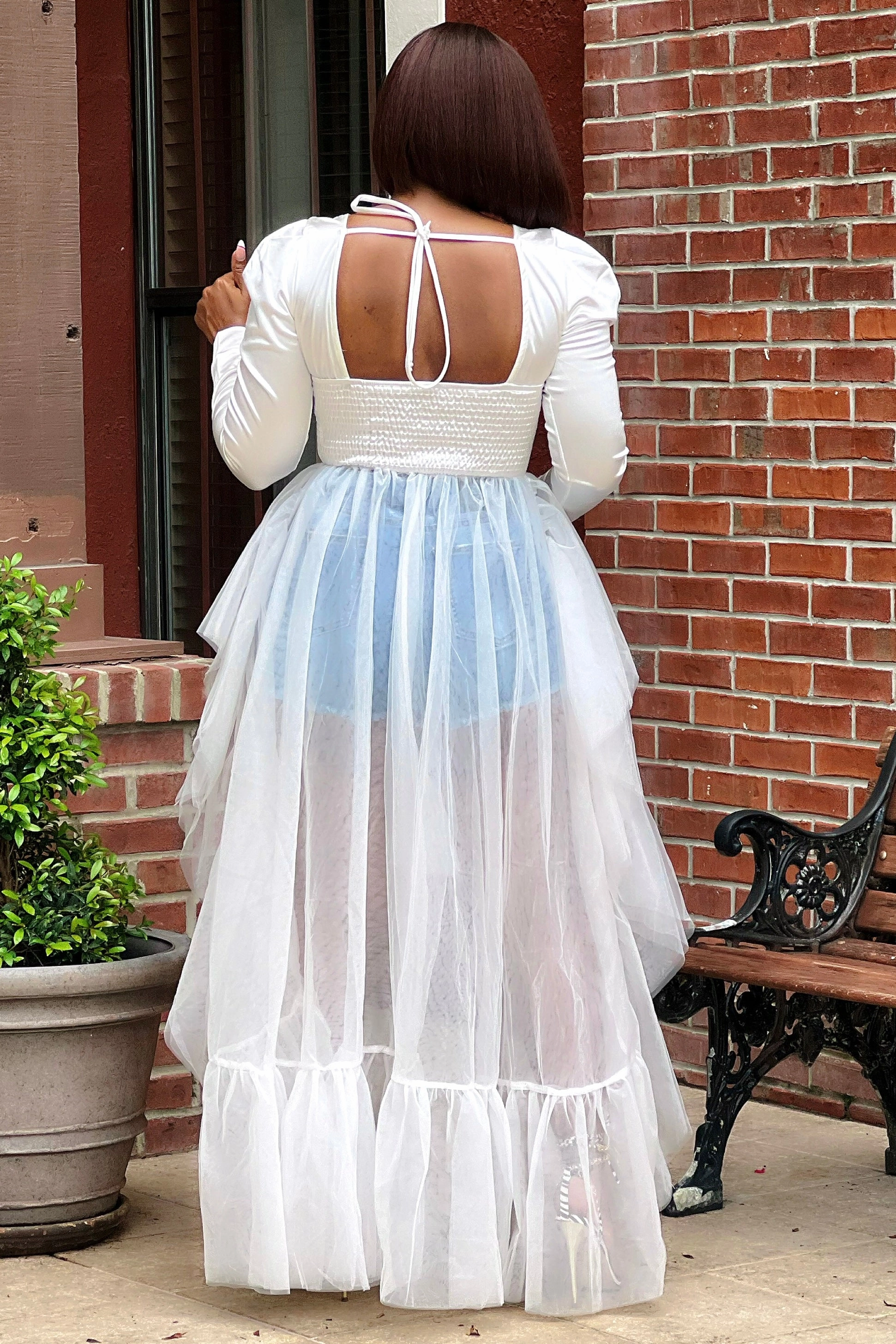 Eunice Tulle Extension/Attached Skirt Statement Top Ribbed Neckline Sporty Blouse