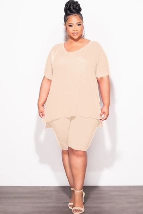 Final Sale Plus Size 2pc V-Neck Tunic Top and Matching Shorts Set in Beige WrinkleFreeFabric