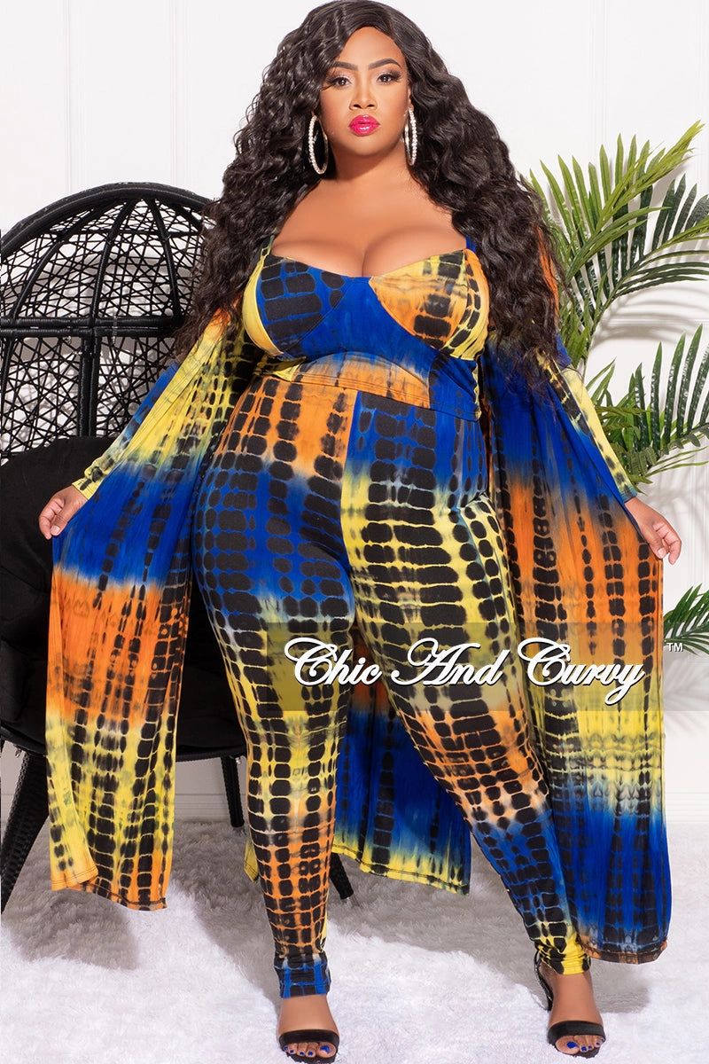 Multi Pocket Design Active Design Wear Final Sale Plus Size 3pc Set (Cardigan Crop Top and Legging) in Royal Blue Orange Yellow and Black Tie Dye Print