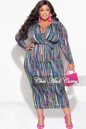 Full Coverage DurableBartack Final Sale Plus Size Bodycon Faux Wrap Dress in Multi-Color Print