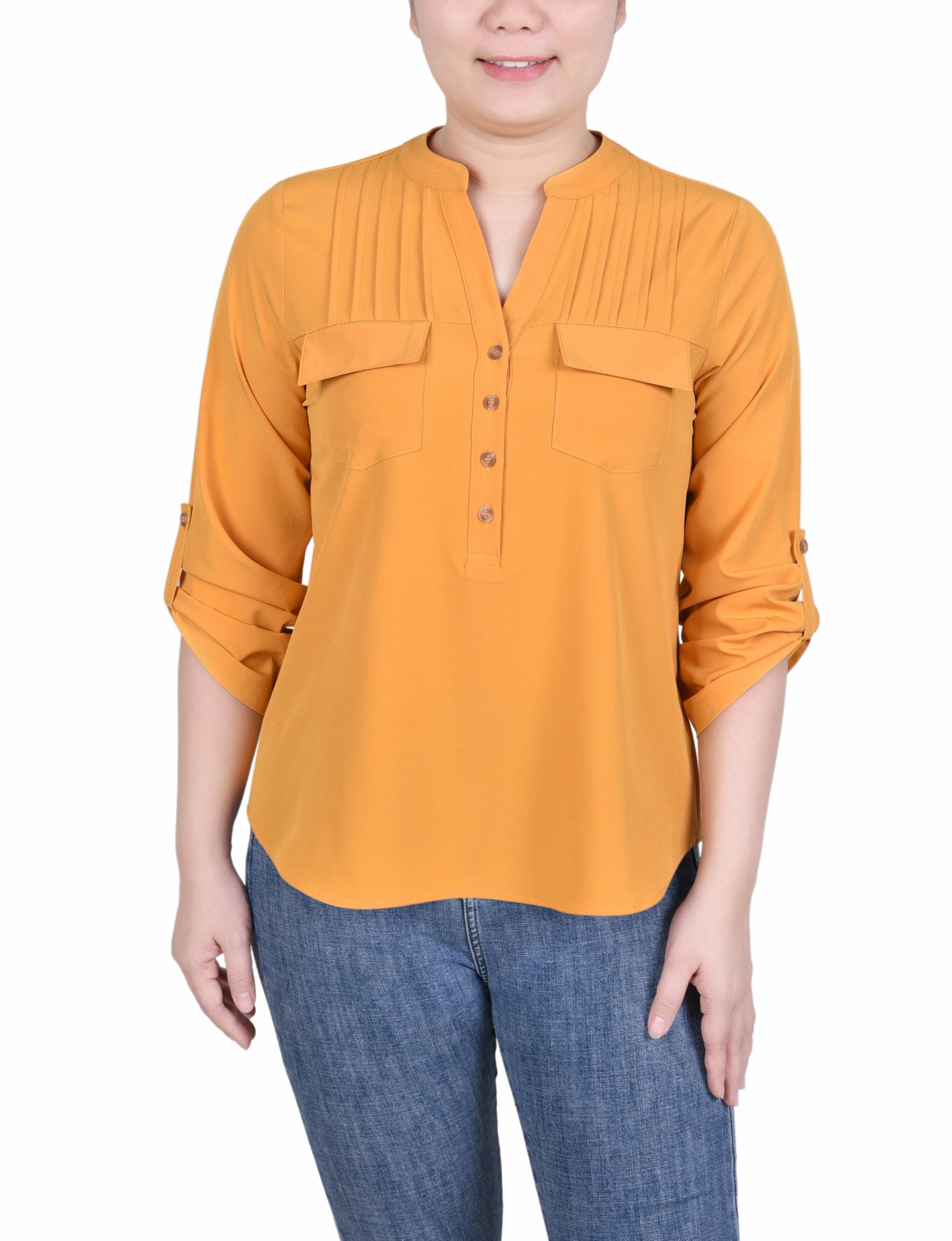 DoubleLayeredCollar Durable Overlock Stitch Long Tab-Sleeve Blouse With Pockets