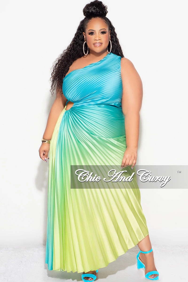 Comfy Style AntiBacterialTreatment Final Sale Plus Size Satin One Shoulder Asymmetric Pleated Dress with Cut Out in Teal and Green