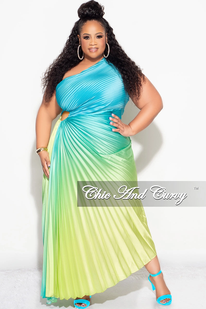 Final Sale Plus Size Satin One Shoulder Asymmetric Pleated Dress with Cut Out in Teal and Green Stretch Comfort Anti Static Treatment