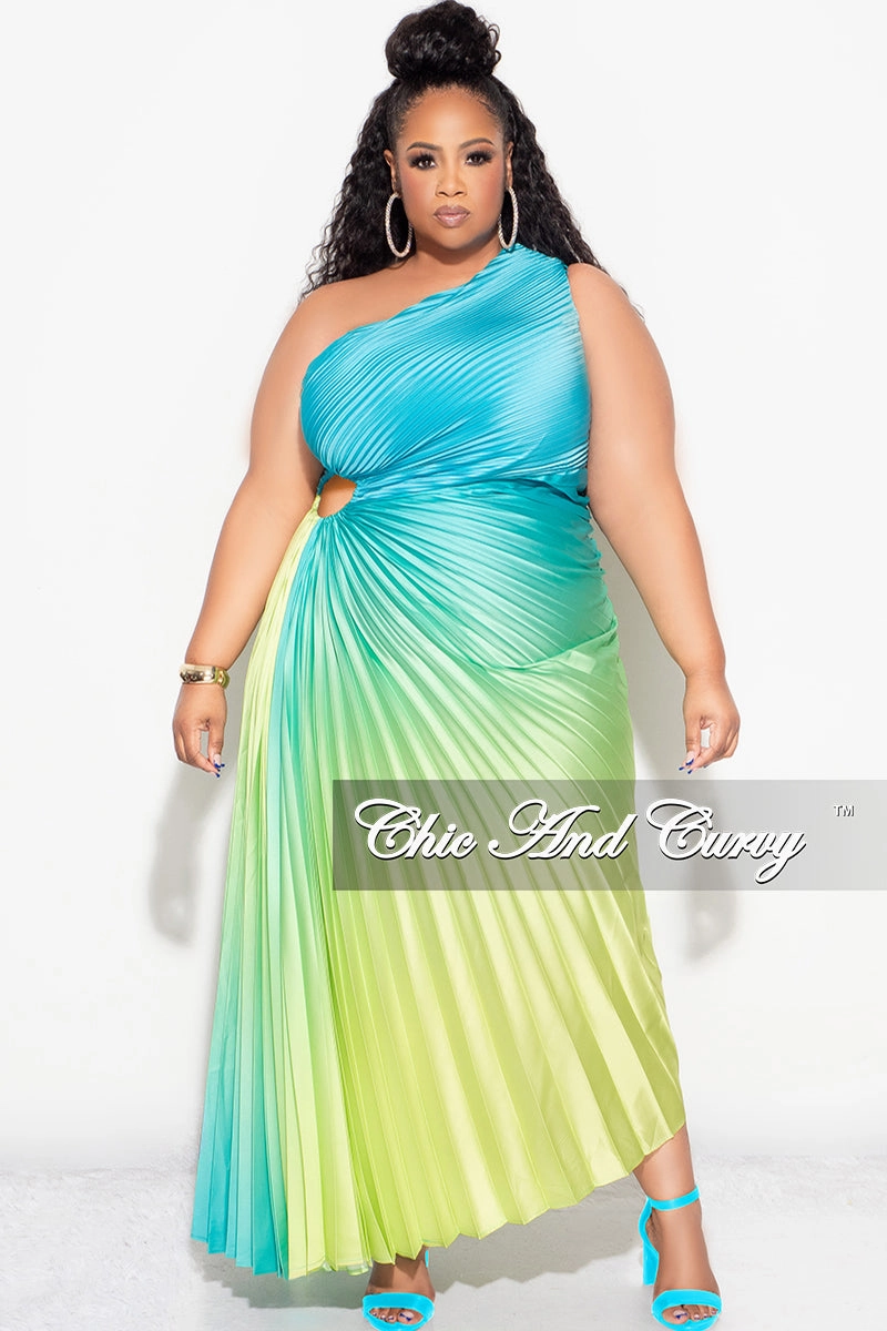 Final Sale Plus Size Satin One Shoulder Asymmetric Pleated Dress with Cut Out in Teal and Green Shrinkage Prevention Treatment