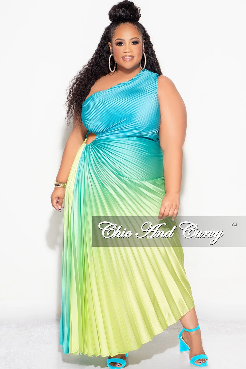 Hybrid Fabric Blend Final Sale Plus Size Satin One Shoulder Asymmetric Pleated Dress with Cut Out in Teal and Green