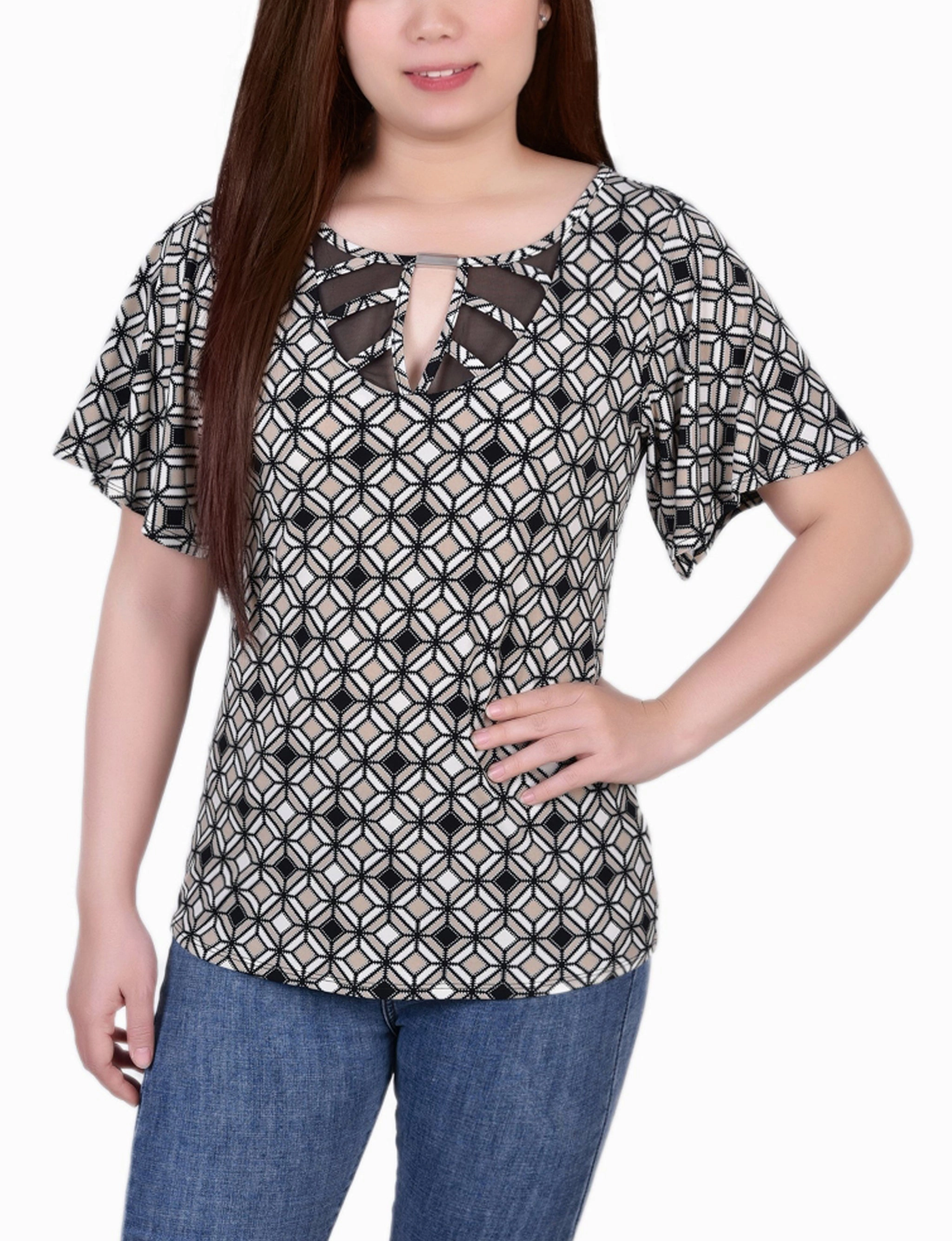 Double Stitched Hem Petite Mesh Flutter Sleeve Knit Top