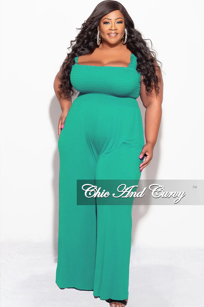 Final Sale Plus Size Jumpsuit with Smocking & Elastic Straps in Kelly Green Skinny Fit