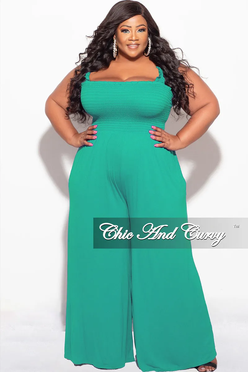 Final Sale Plus Size Jumpsuit with Smocking & Elastic Straps in Kelly Green ElasticWaistband Anti Pilling Surface