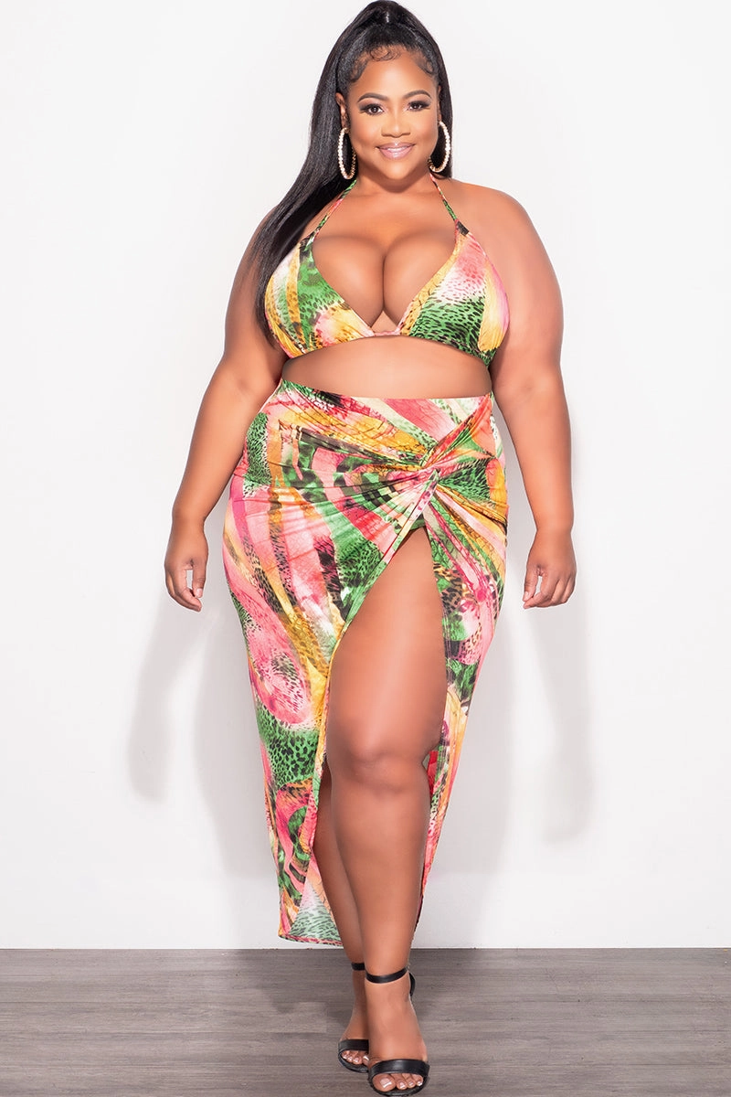 Final Sale Plus Size 3pc Set Bikini Top, Briefs & Skirt in Pink Green and Yellow Print Summer Functional Fashion Functional Layers