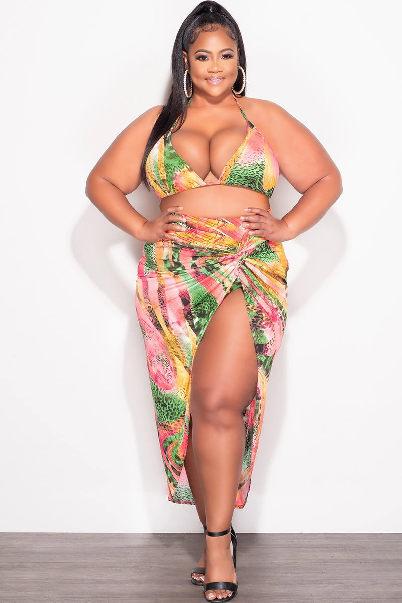 Slim Comfort Final Sale Plus Size 3pc Set Bikini Top, Briefs & Skirt in Pink Green and Yellow Print Summer