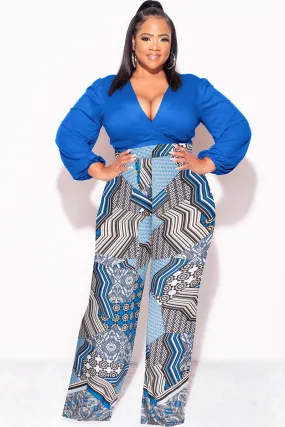Final Sale Plus Size 2pc Crop Tie Top and Pants Set in Royal Blue Design Print Urban Look