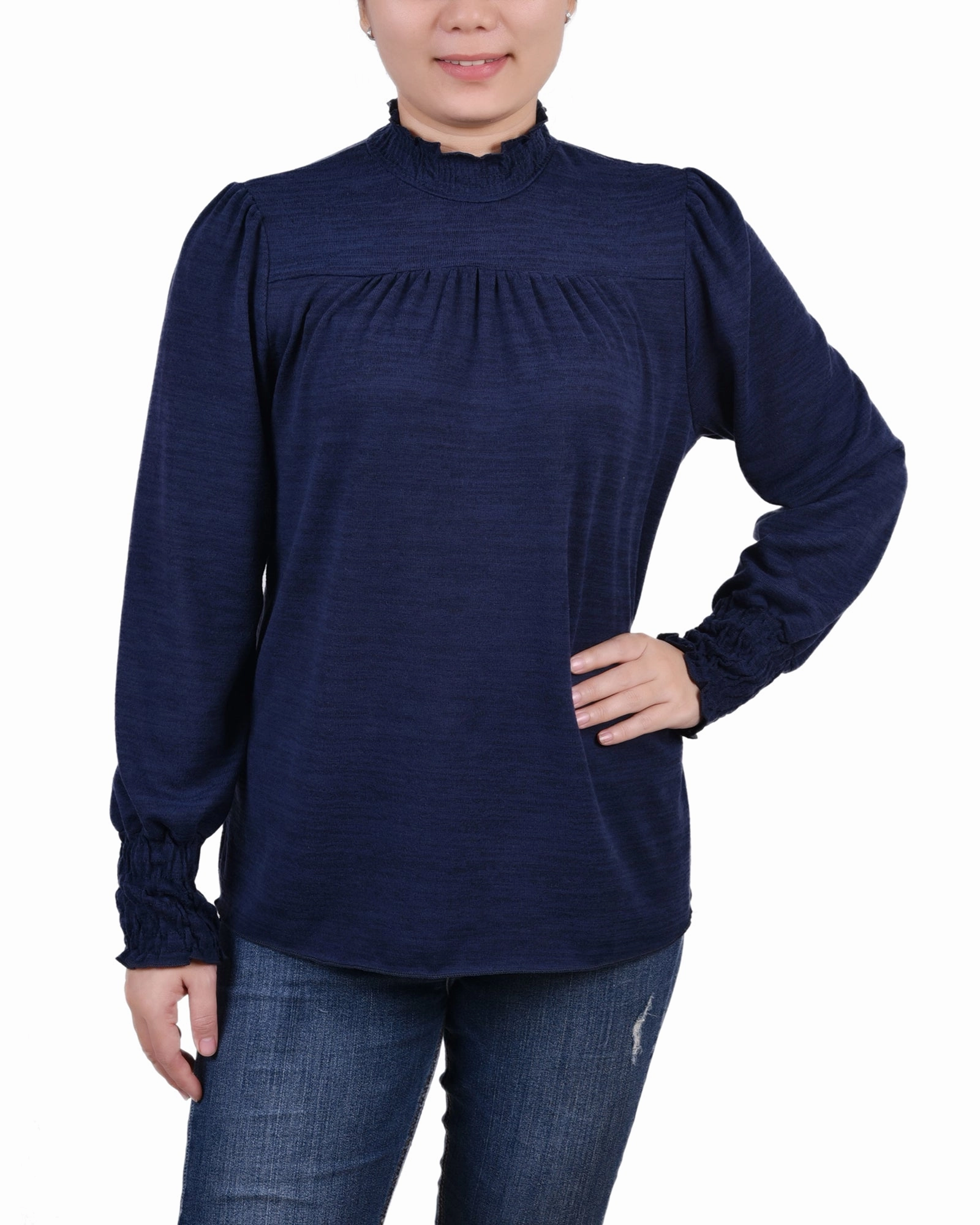 Petite Long Sleeve Top With Smocking Details HighNeck