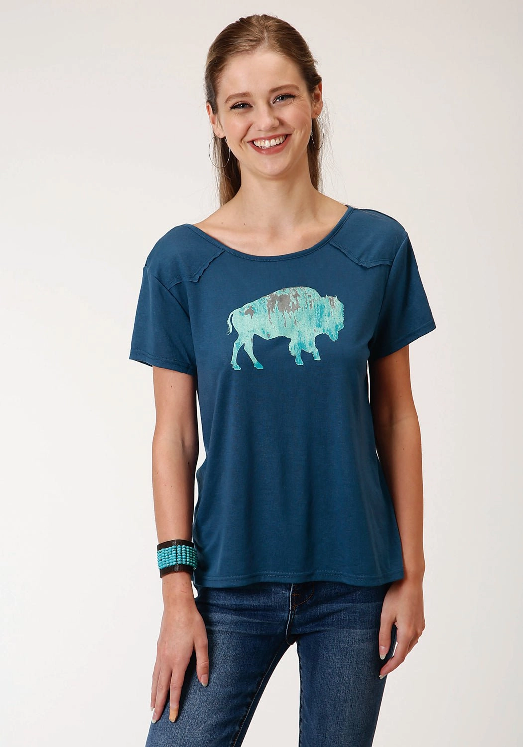 Gift Idea Roper Womens Navy Blue Poly/Rayon Buffalo Yoke S/S T-Shirt