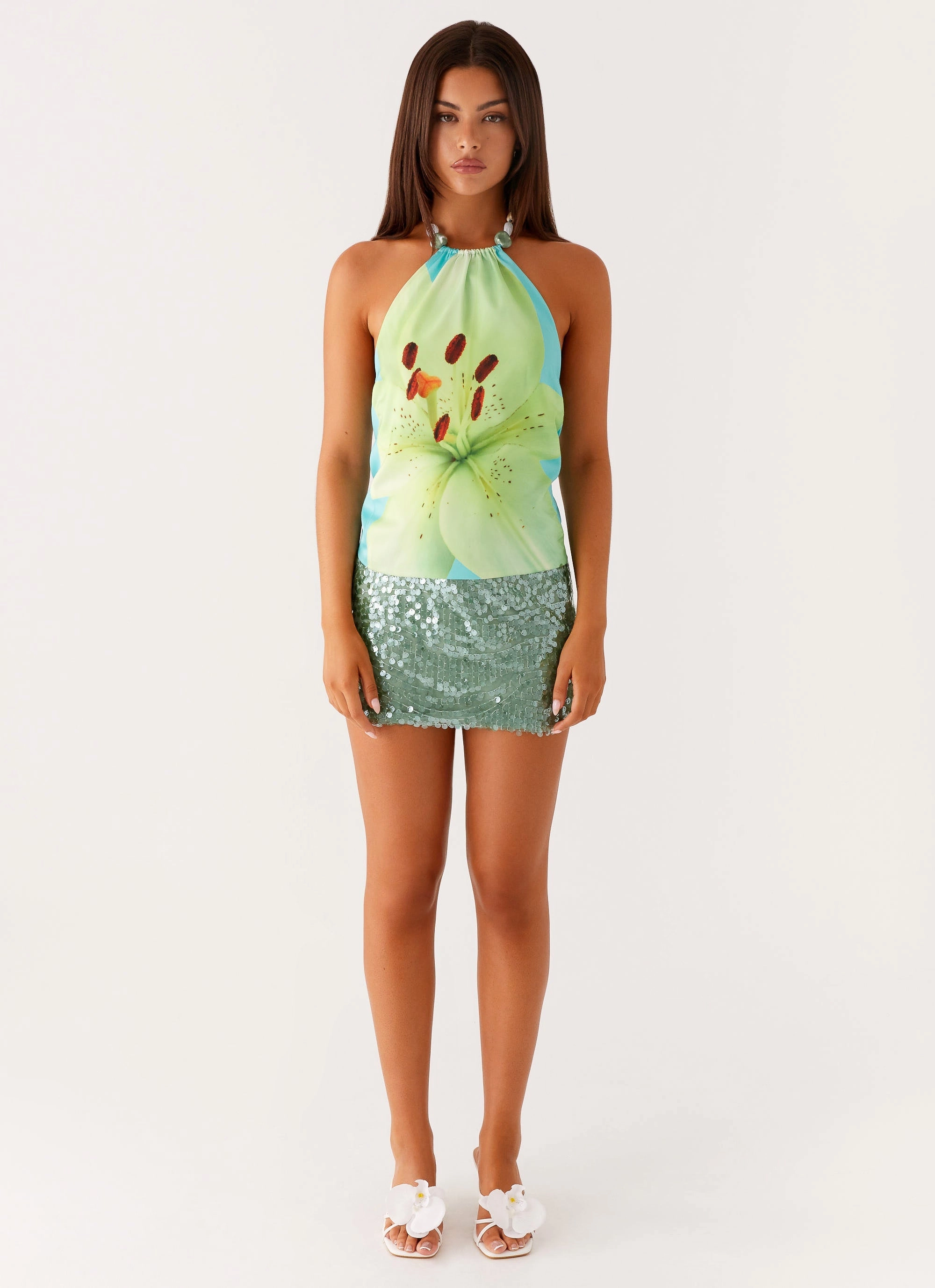 FrictionResistant Fabric Dalila Beaded Tie Back Top - Turquoise Floral