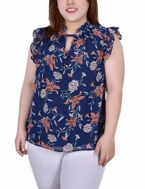 Plus Size Ruffled Sleeve Blouse With Tie Closure BambooBlend