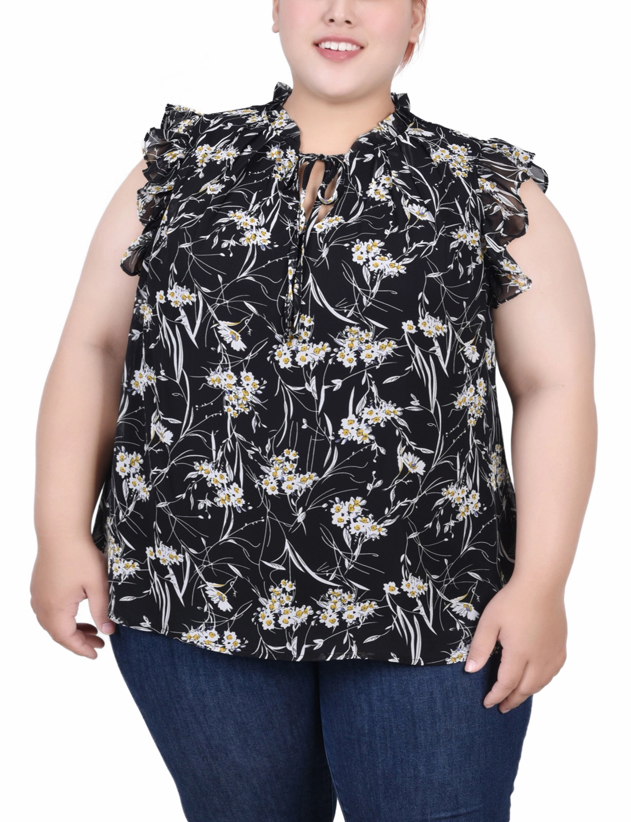 Plus Size Ruffled Sleeve Blouse With Tie Closure TemperatureRegulating