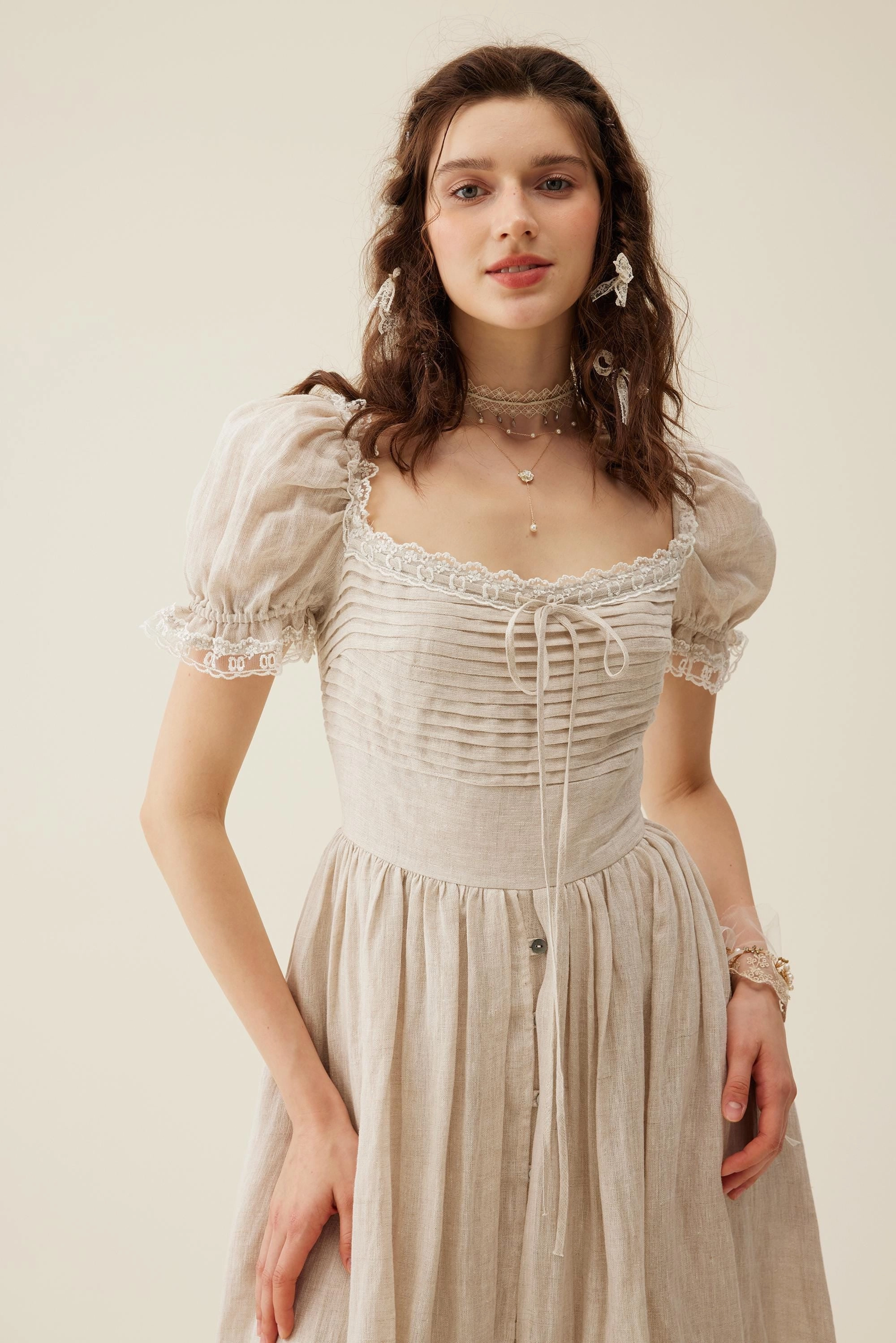 Functional Pockets Style Cold Climate Monet Haze 26 | Fairy layered Linen Dress with pintucks