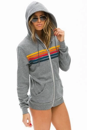 Aviator Nation 5-Stripe Hoodie Heather Grey Classic Shape Flexible Rib Trimming