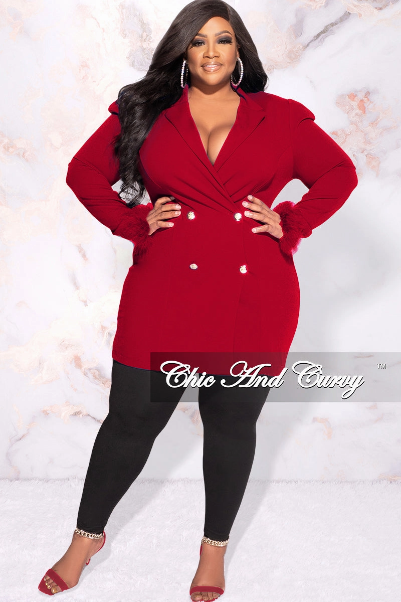 Final Sale Plus Size Button Blazer Dress with Feather Cuffs in Red AntiPilling Customer Favorite