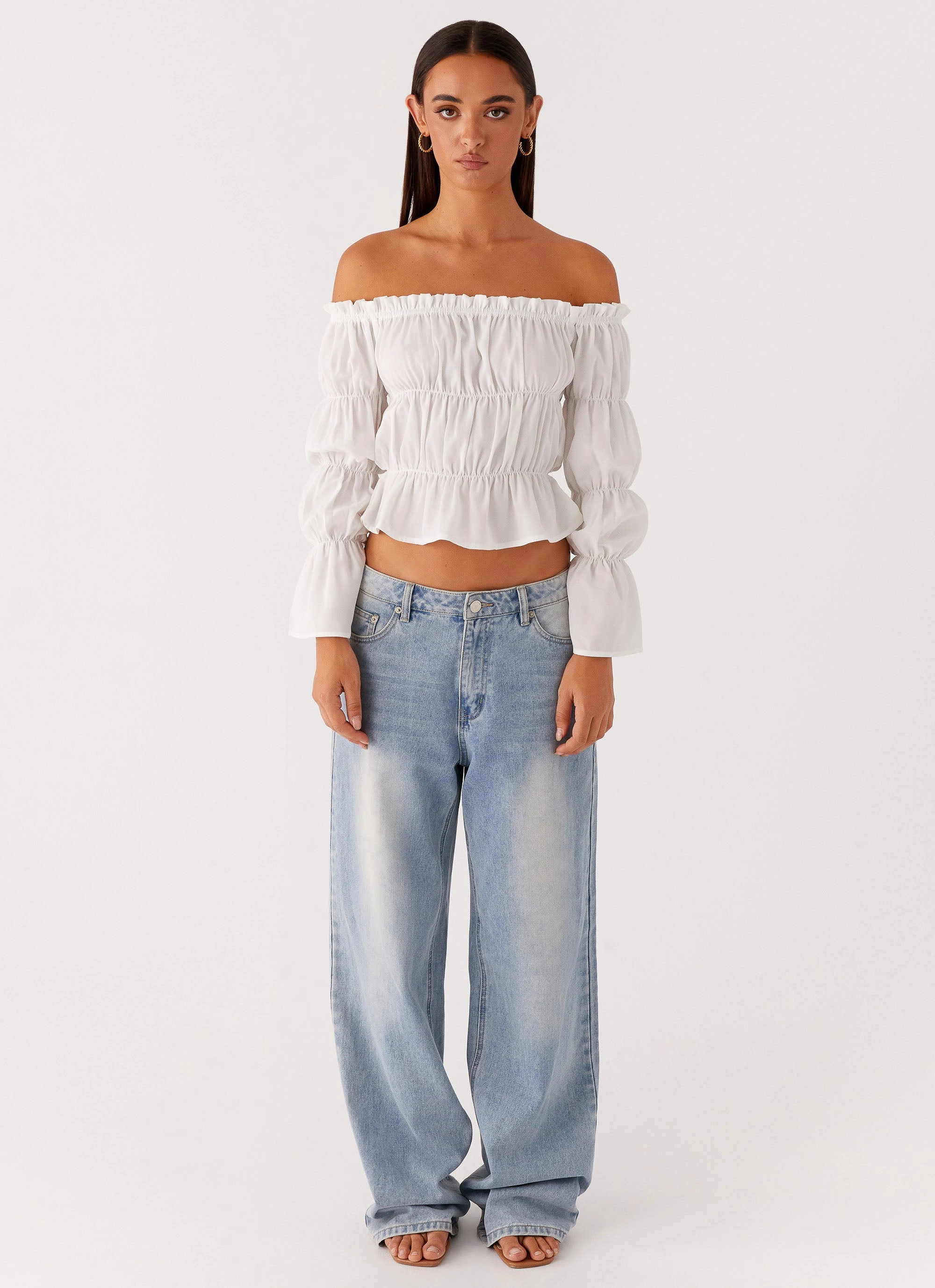 Imara Ruched Long Sleeve Top - Ivory Durable Overlock Stitch