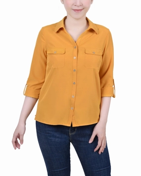 ButtonlessClosure 3/4 Roll Tab Blouse With Pockets