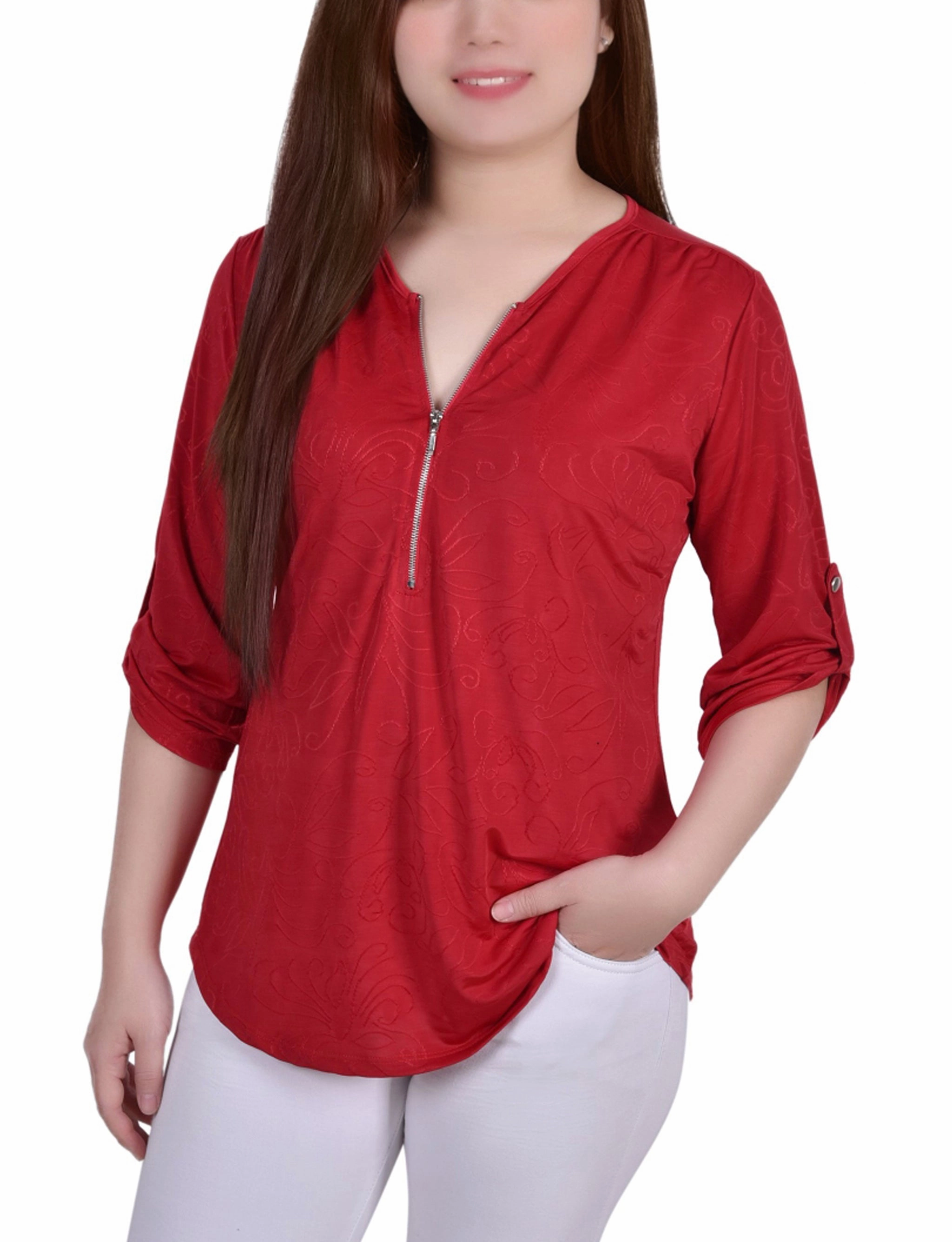 3/4 Roll Tab Zip Front Jacquard Knit Top AntiOdor