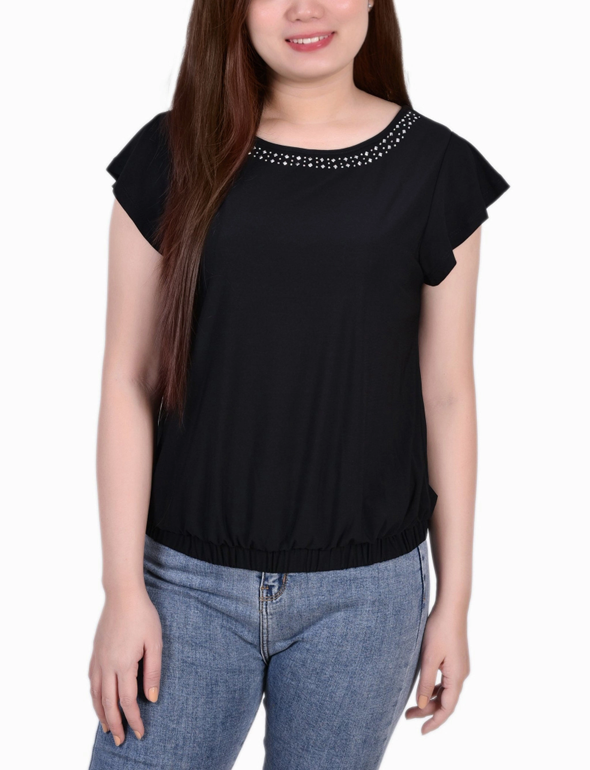 Non Restrictive Cut Short Flutter Sleeve Top With Studded Neckline