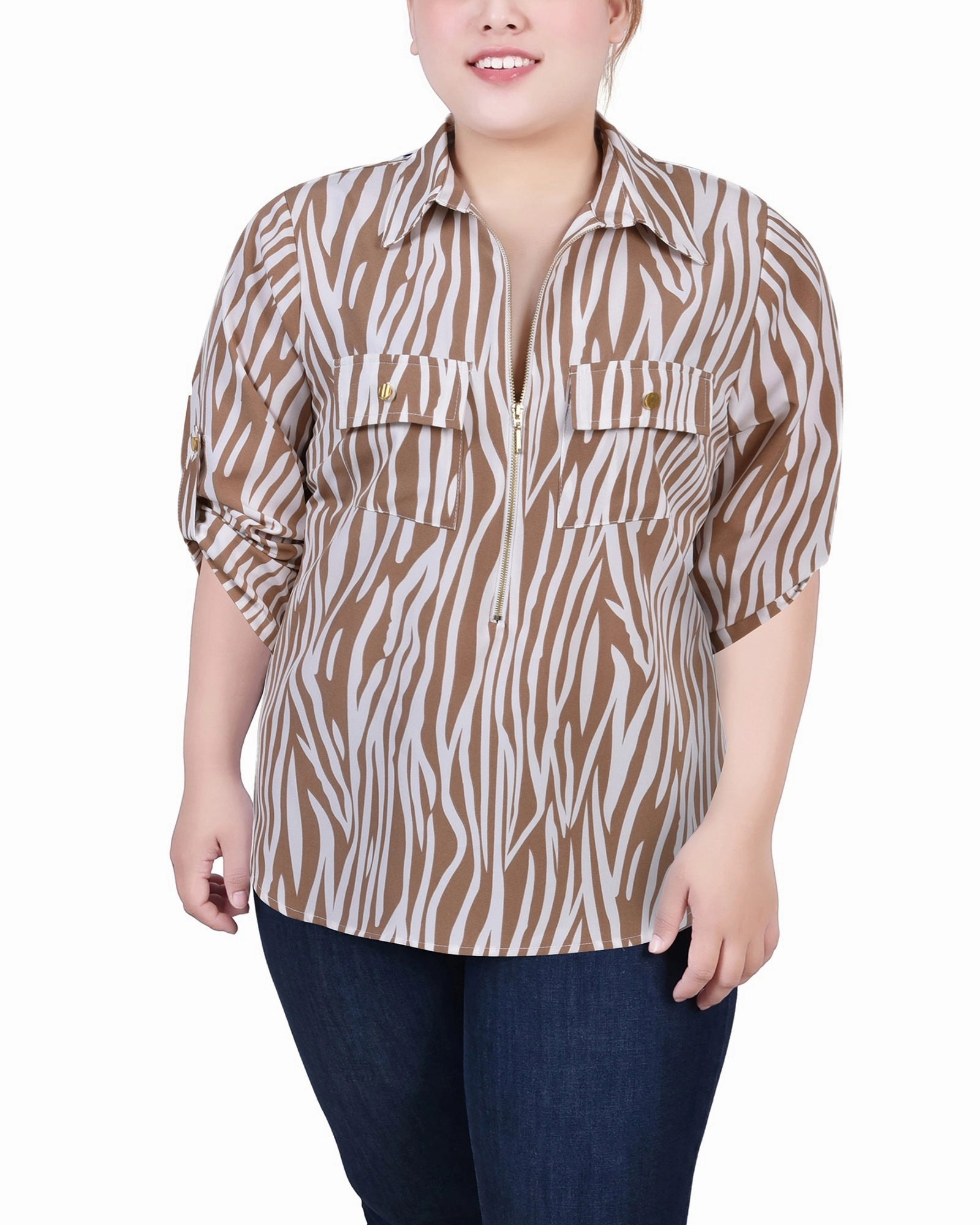 Plus Size 3/4 Roll Tab Sleeve Zip Front Top Formal Blouse
