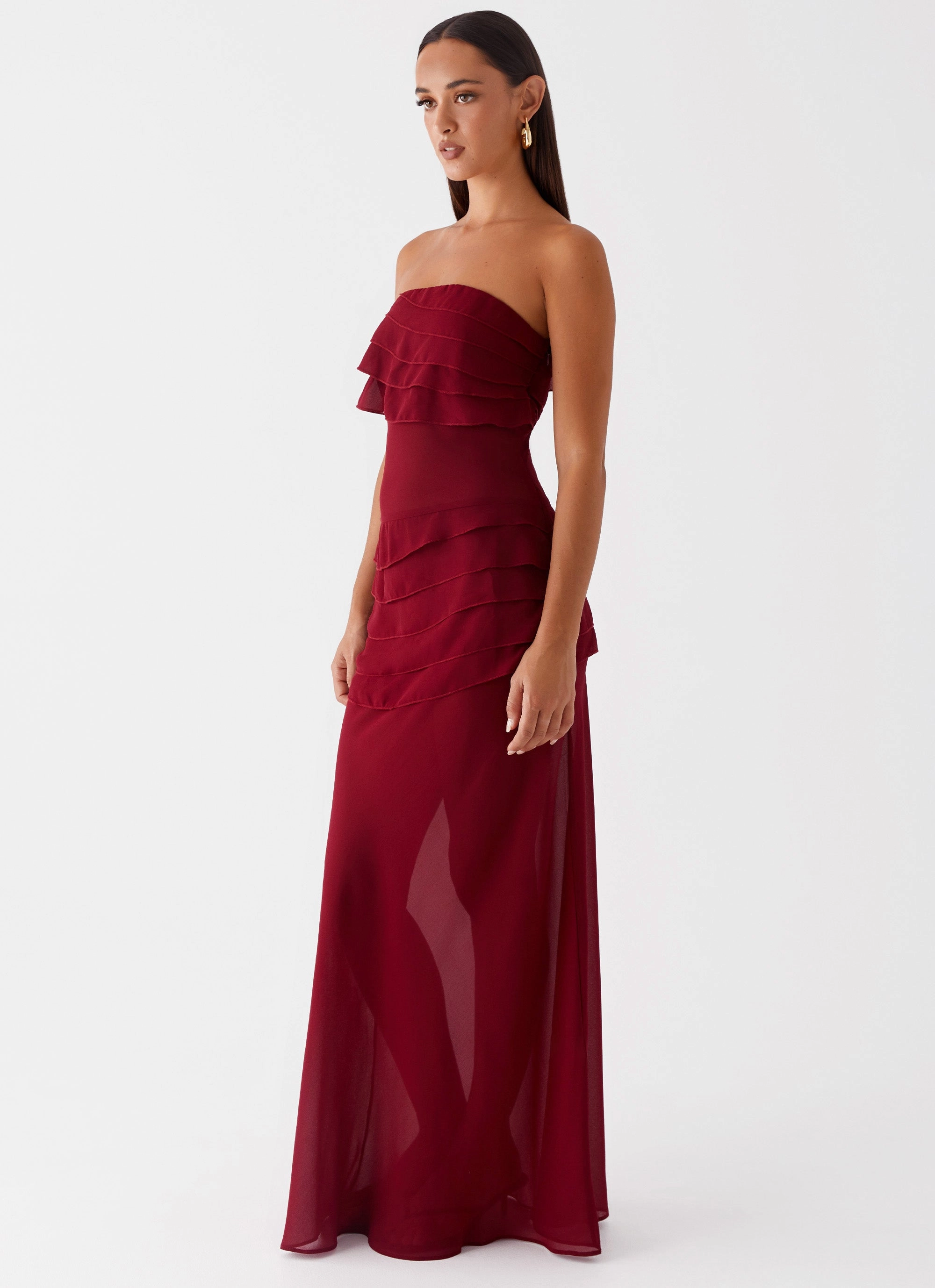 Waist-Cinching Into The Night Maxi Dress - Cherry Red