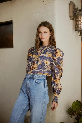 Irina Blouse | Blue Castello Stretch Fit Top Self Fabric Tie