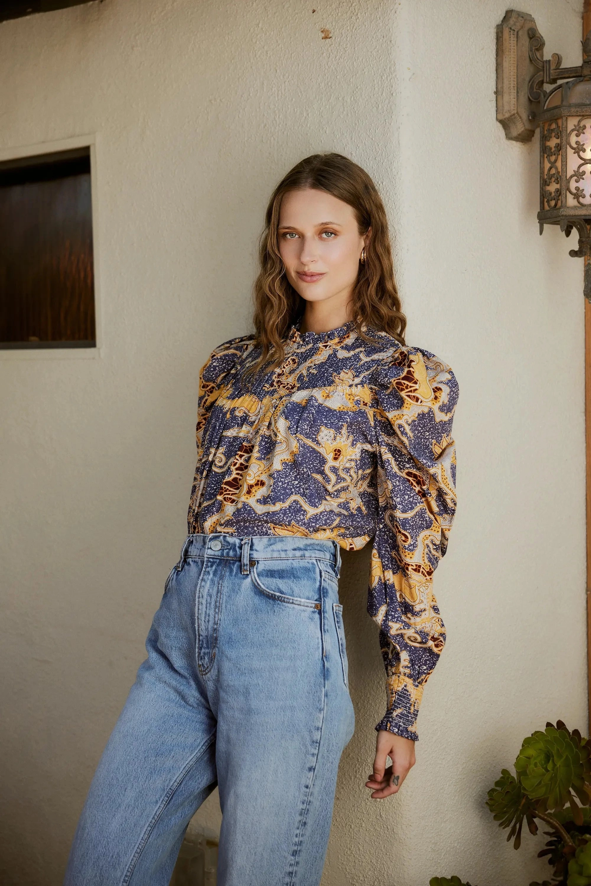 Irina Blouse | Blue Castello Stretch Fit Top Self Fabric Tie