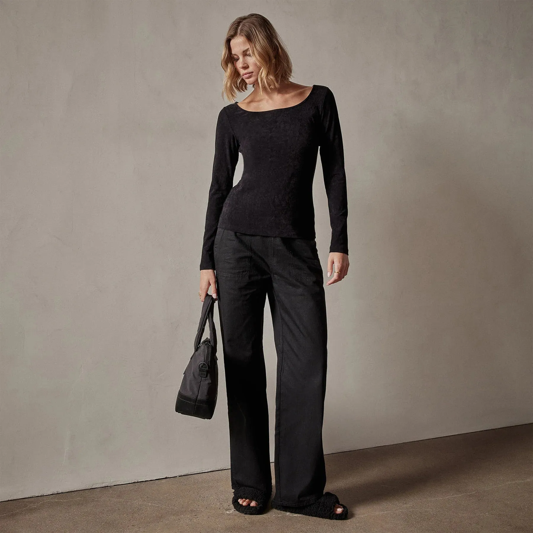 James Perse Stretch Velvet Scoop Neck Top Reinforced Neckline Breathable Ventilation