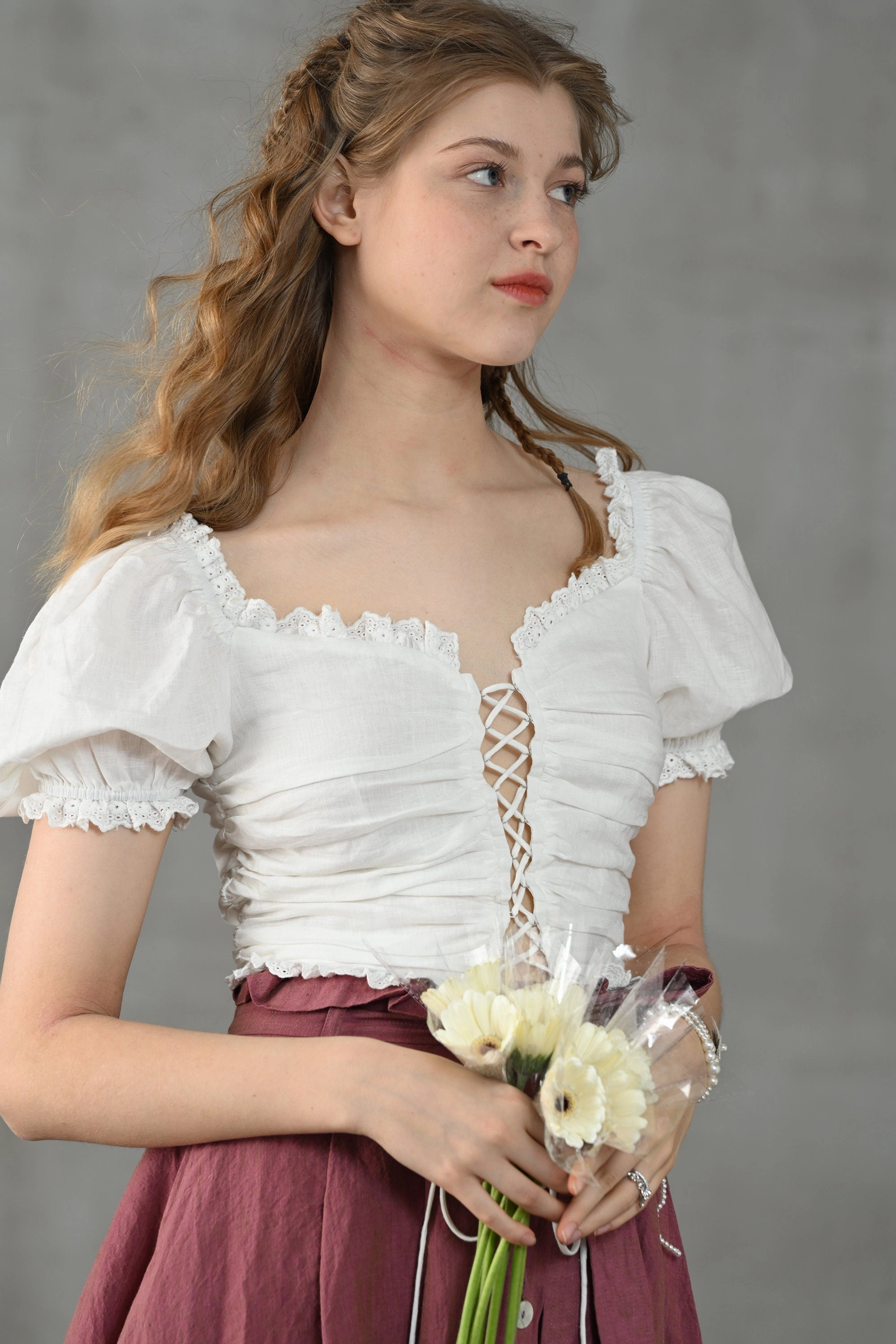 Overlock Edge Finish Warm Vibe Jasmine 31 | lace-up white linen blouse