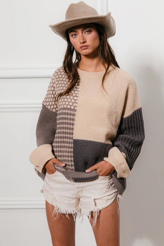 Jennie Mixed Pattern Block Sweater S-XL Ribbed Hemline