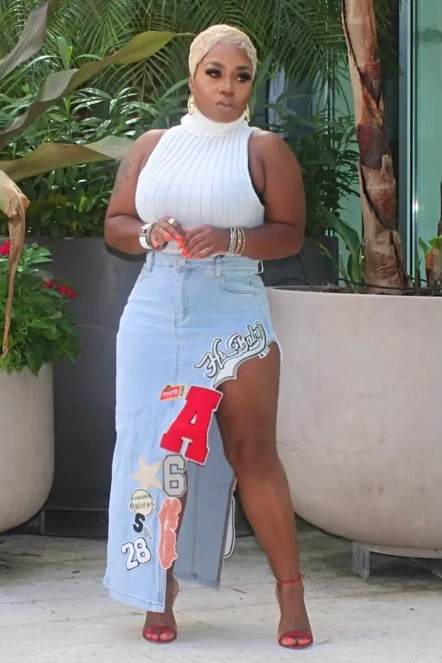 Shelly Patch It Up Denim Maxi Skirt-Light Wash Party Look Modern Minimalist