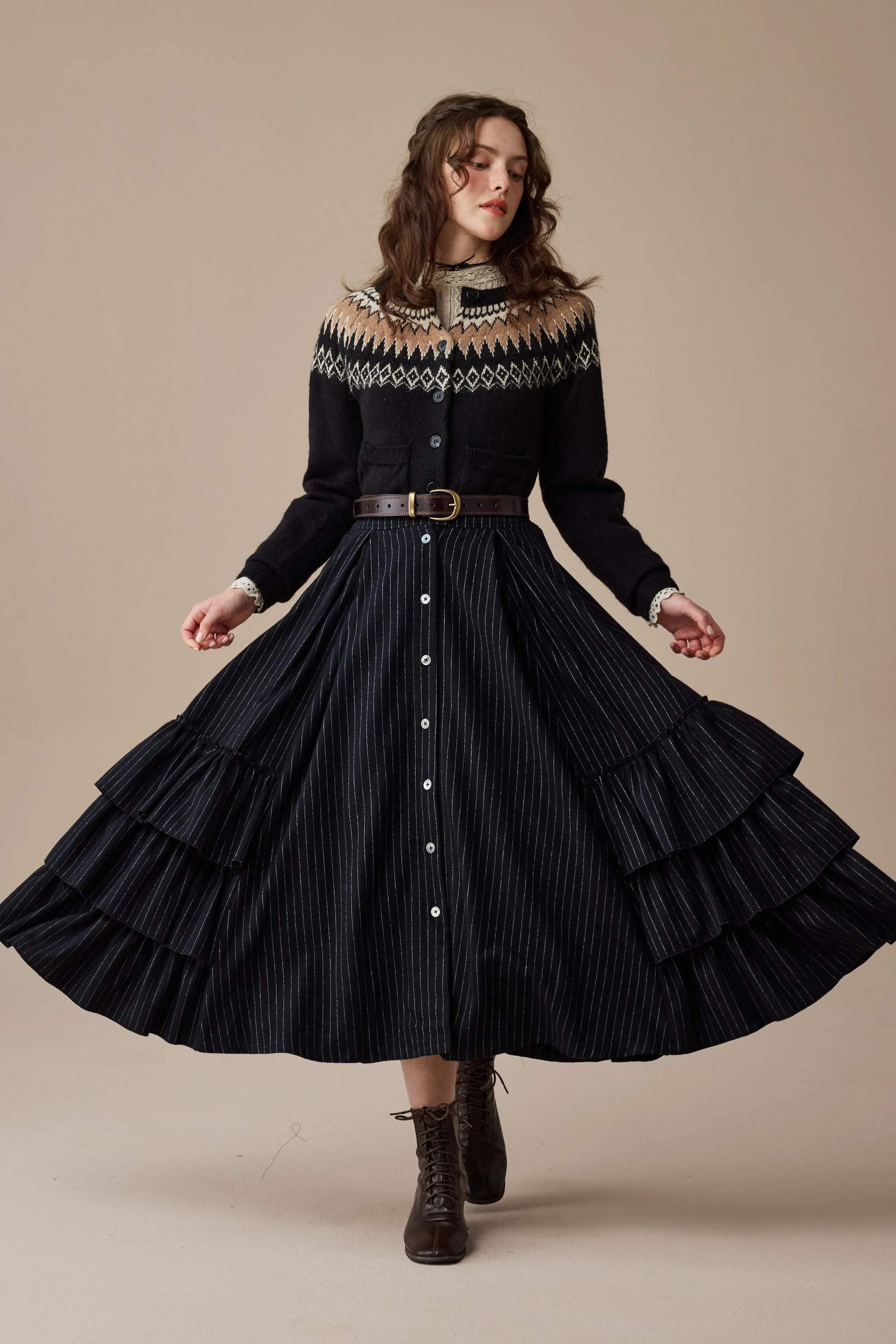 High Collar Protection Design Comfy Cardigan Kaite 18 |ruffled maxi wool skirt