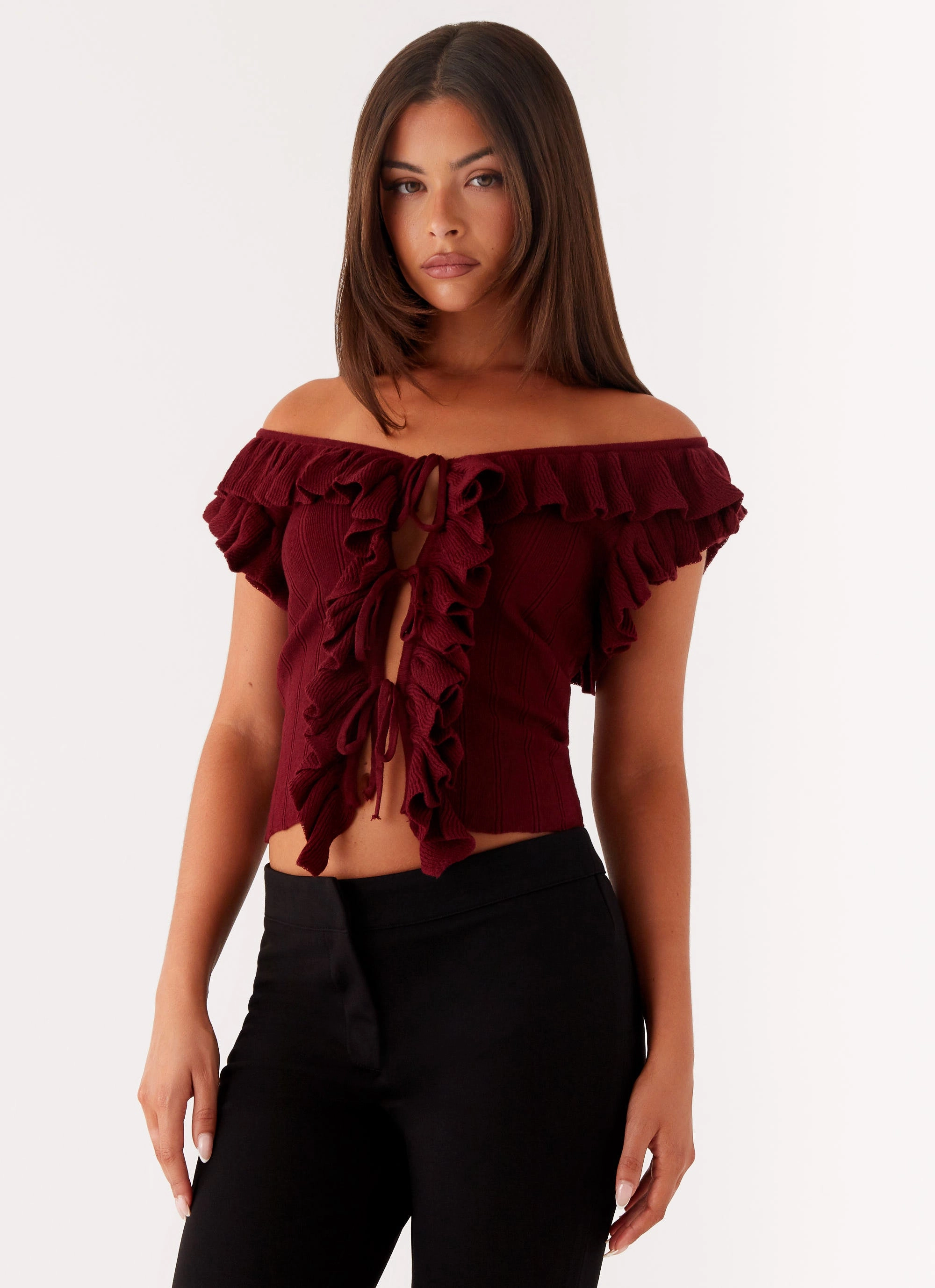Keeta Frill Top - Burgundy AntiSnag Fabric Wrinkle Free Weave