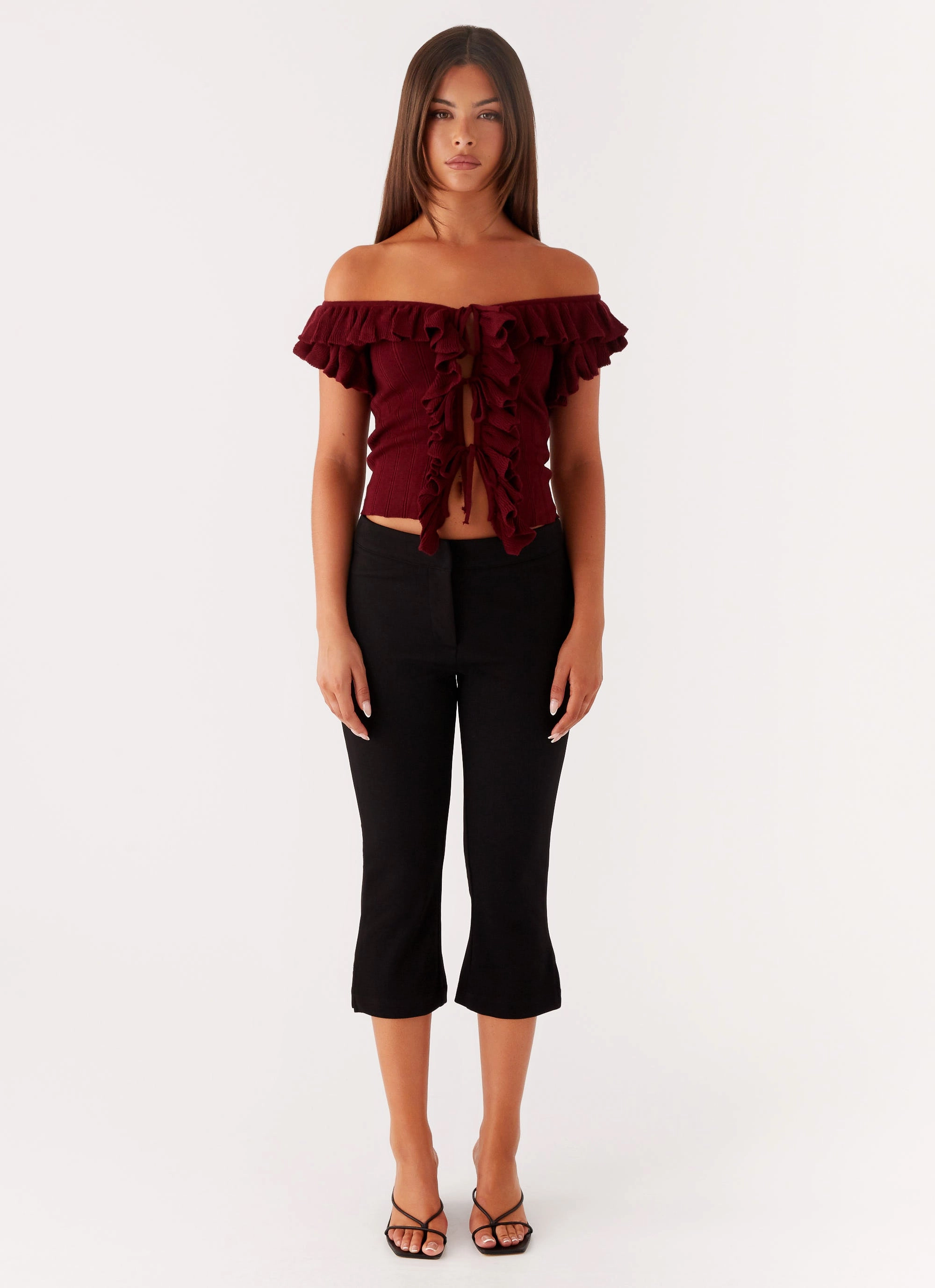 Ribbed Neckline Keeta Frill Top - Burgundy
