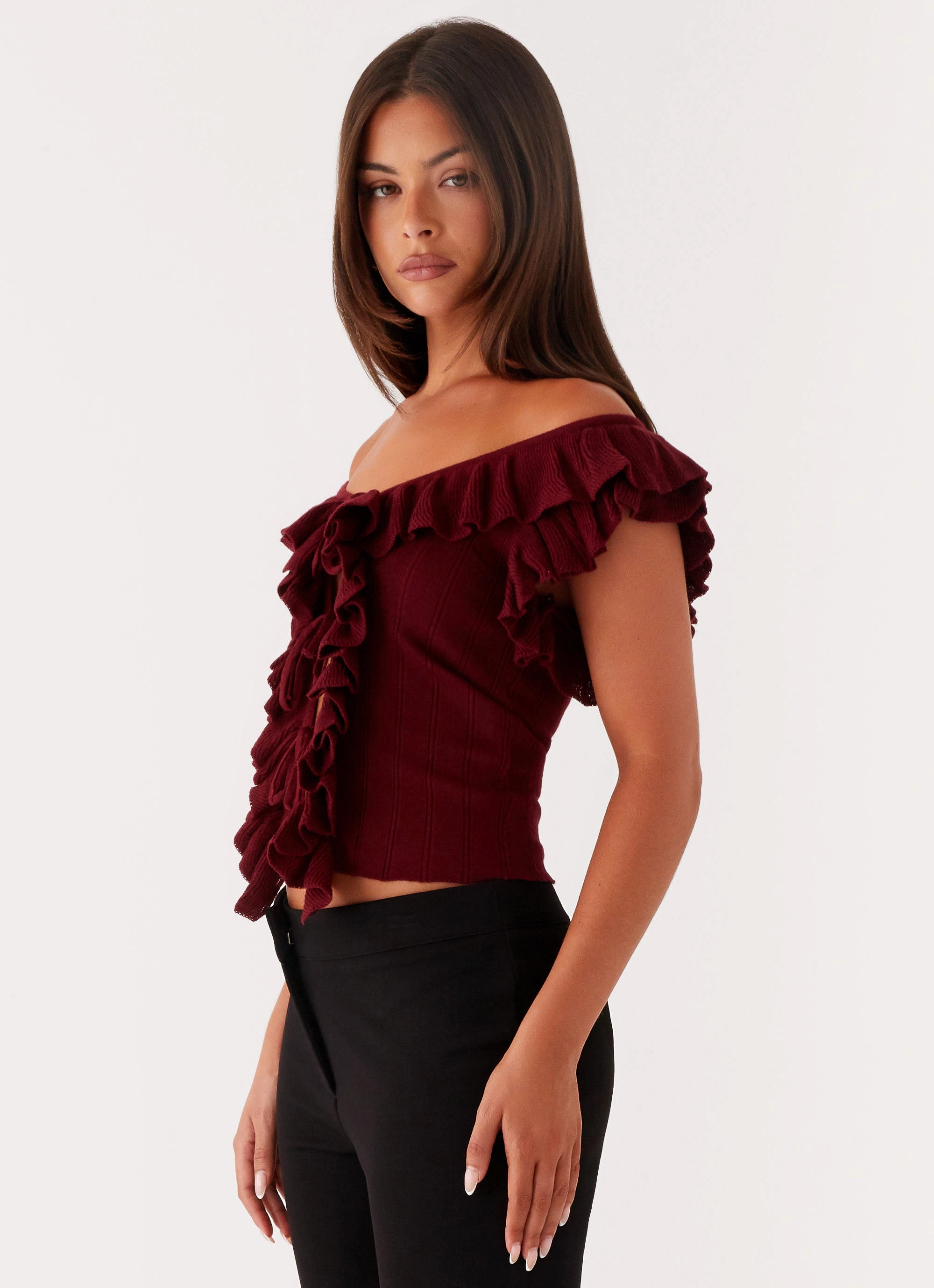 Keeta Frill Top - Burgundy Machine Washable Fabric