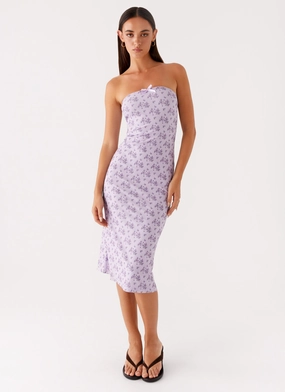 Keila Strapless Midi Dress - Lavender Meadow Satin Finish Smart Casual