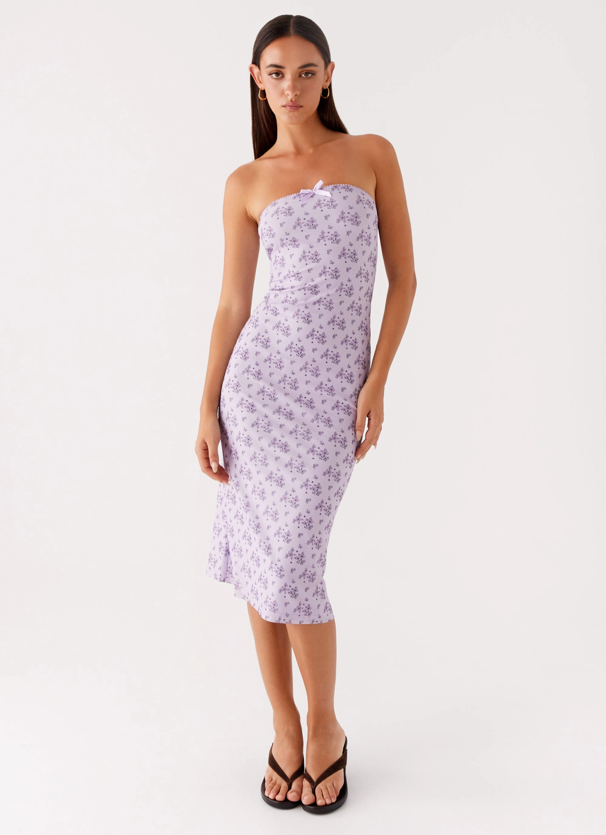 Keila Strapless Midi Dress - Lavender Meadow Satin Finish Smart Casual