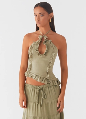 Vibrant Colors Hydrodynamic Cut Mariella Linen Top - Sage