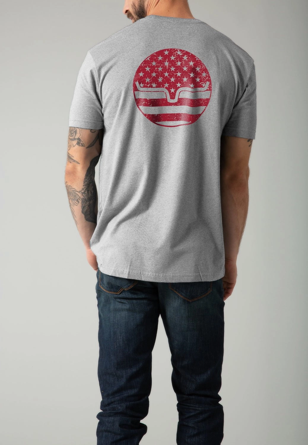 Kimes Ranch Mens American Bullseye Dark Grey Heather Cotton Blend S/S T-Shirt Drop Shoulder Design