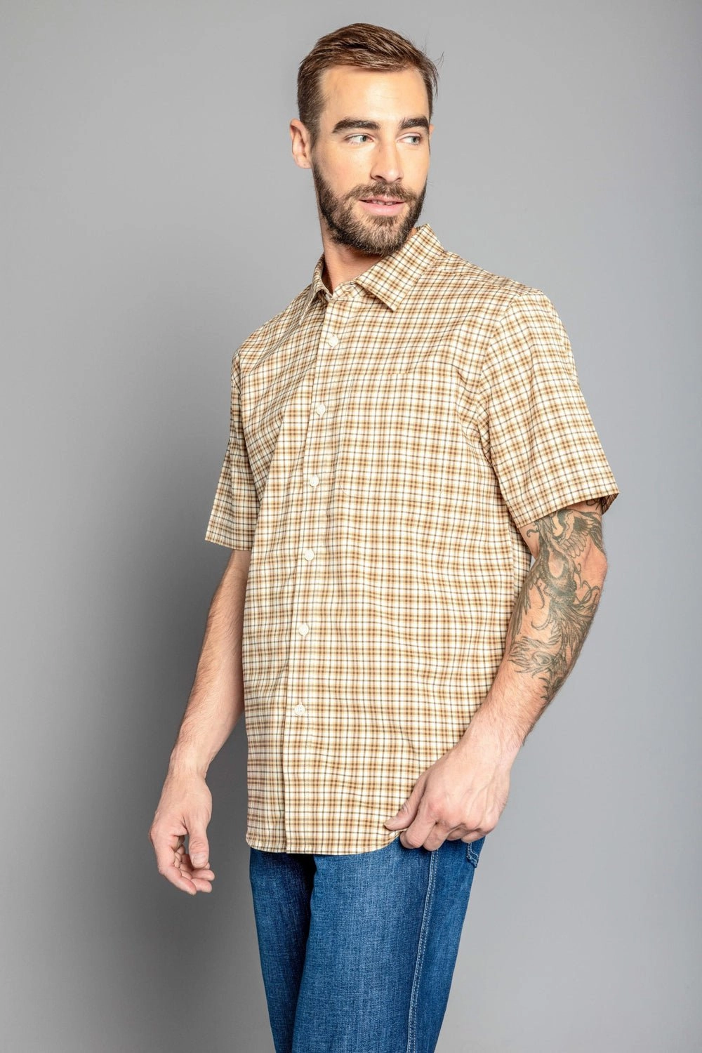 Breathable Underarm Vents Tailored Cuffs Kimes Ranch Mens Chute Mini Check Work Wear Brown Cotton Blend S/S Shirt